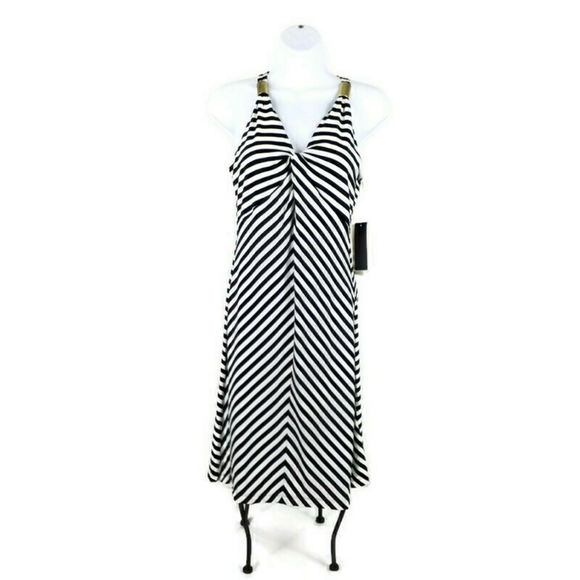 Kenneth Cole Black Stripe Twist Front Sleeveless A-Line Dress Womens Small Pet. - Picture 3 of 11